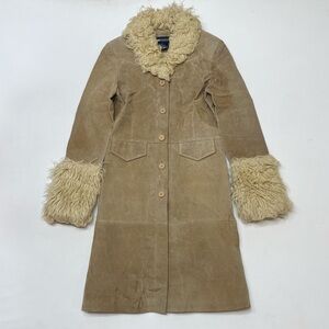 Vintage Blue Asphalt Penny Lane Coat Tan Suede Leather Faux Fur Trim size Small